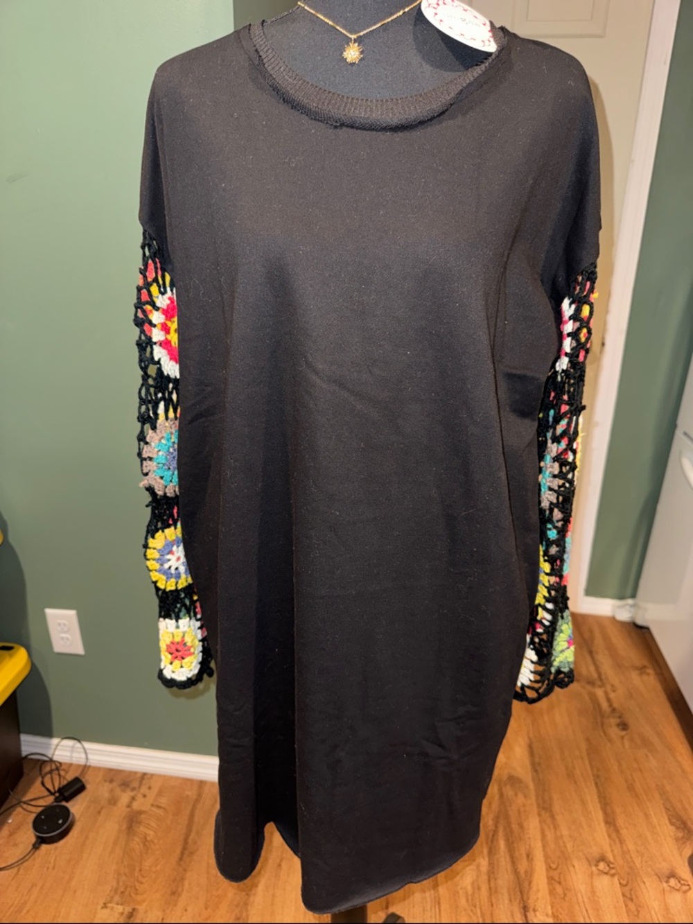 NWT Umgee Granny Square Black multi color Crochet-Sleeve mini sweater dress